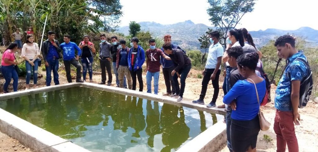 Honduran youth around an irrigation pool